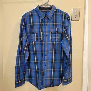 Men Empyre Blue Black Plaid Button up Shirt Size Large